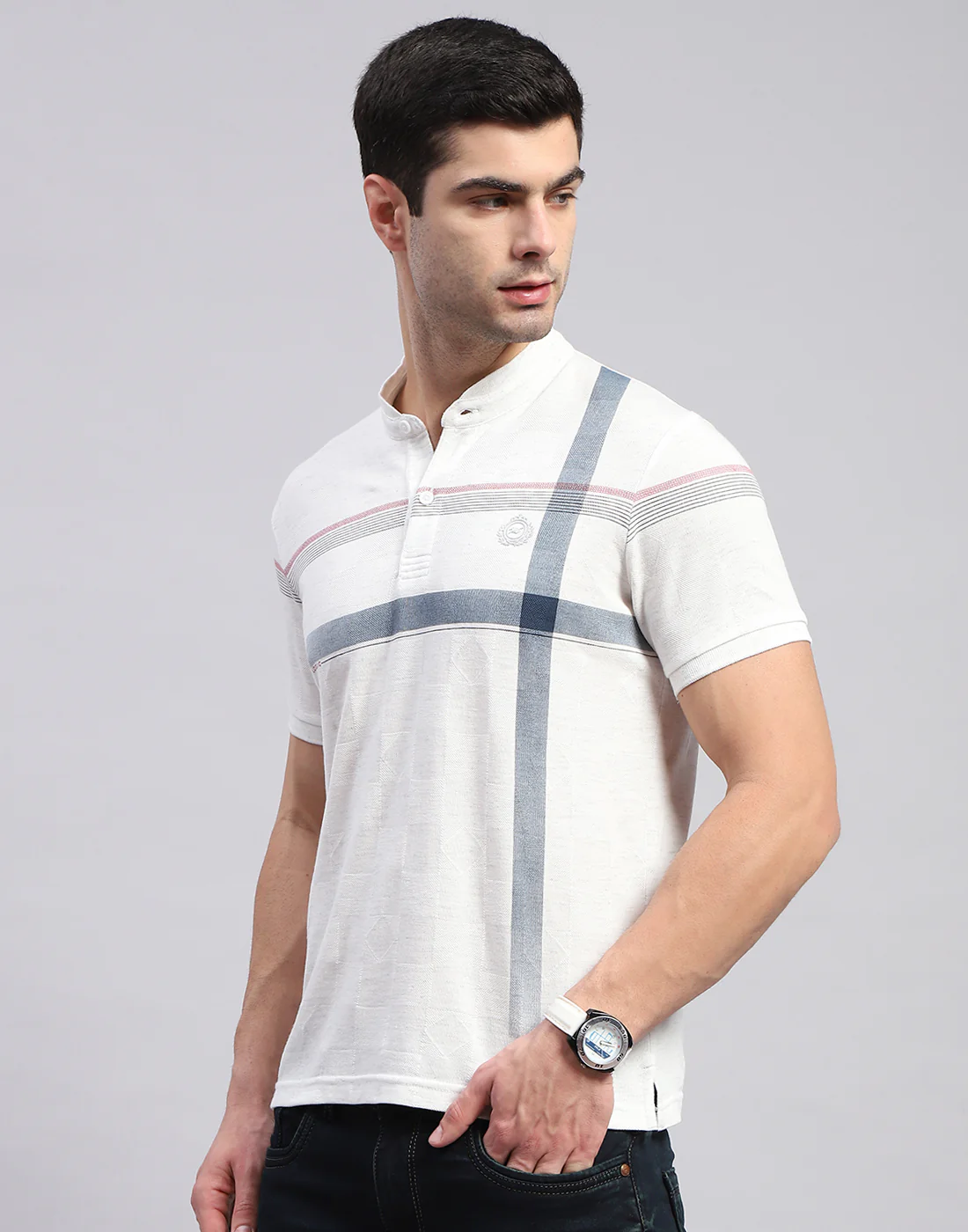Men White Printed Mandarin Collar Half Sleeve T-Shirt - Image 3
