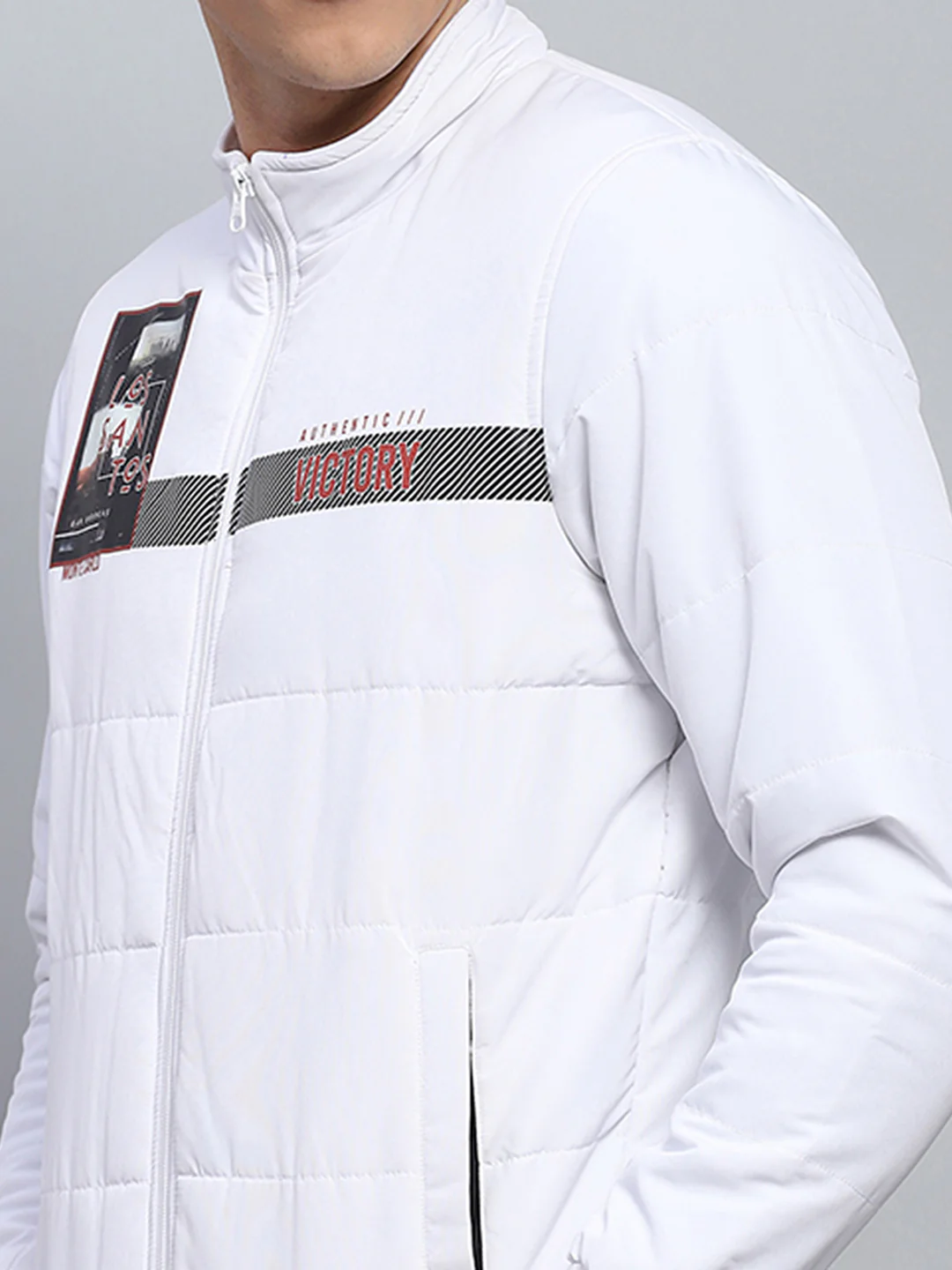 Men White Printed Mock Neck Full Sleeve Jacket - Image 6