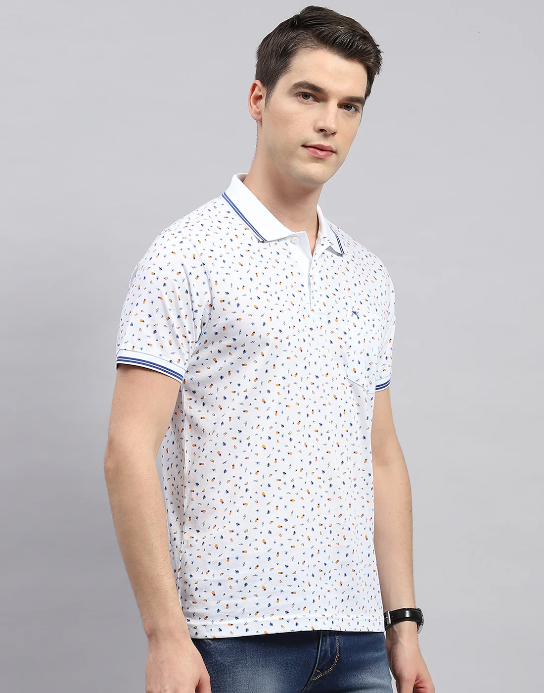 Men White Printed Polo Collar Half Sleeve T-Shirt - Image 4