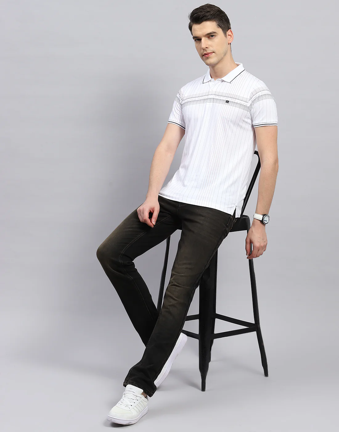 Men White Printed Polo Collar Half Sleeve T-Shirt - Image 2