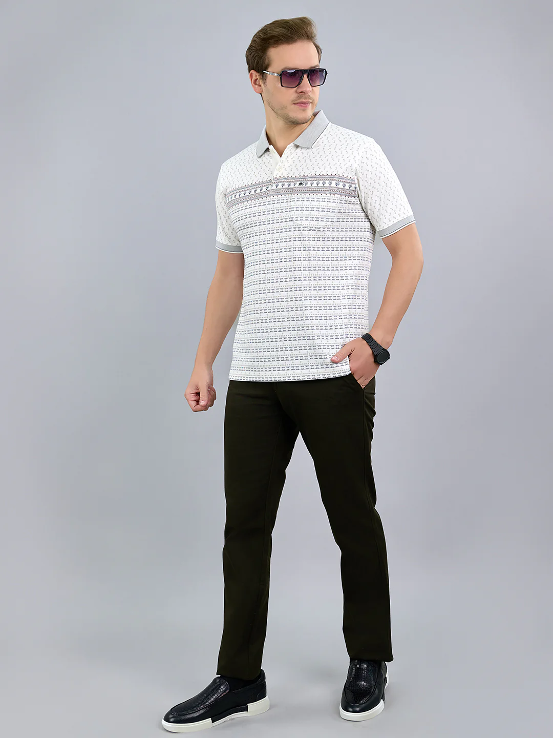 Men White Printed Polo Collar Half Sleeve T-Shirt - Image 6