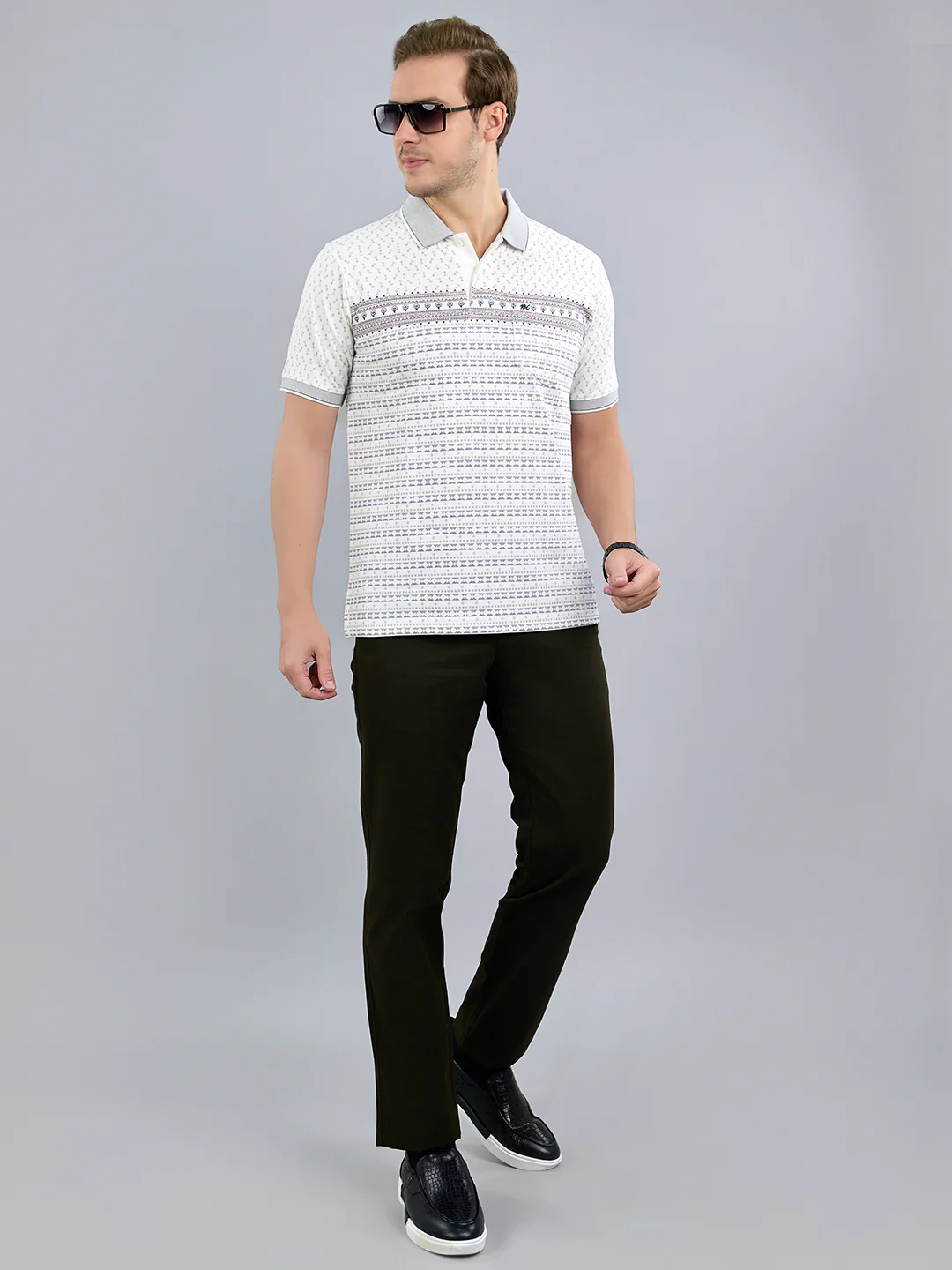 Men White Printed Polo Collar Half Sleeve T-Shirt - Image 7