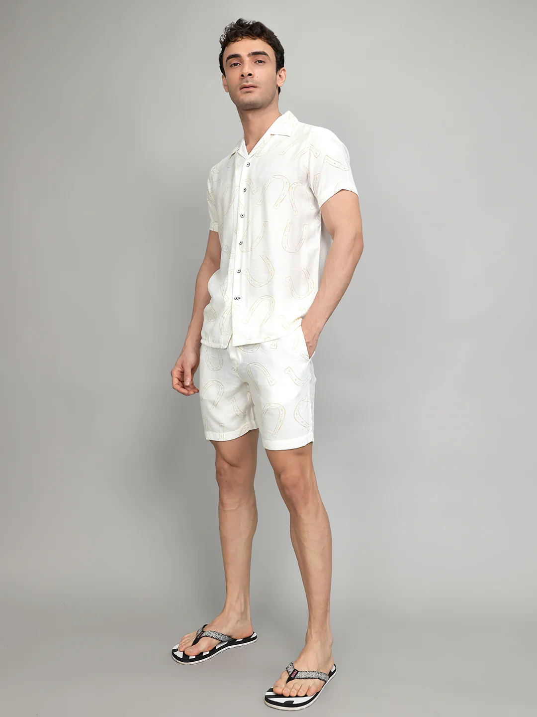 Men White Printed Revere Collar Half Sleeve Cords Set - Image 2