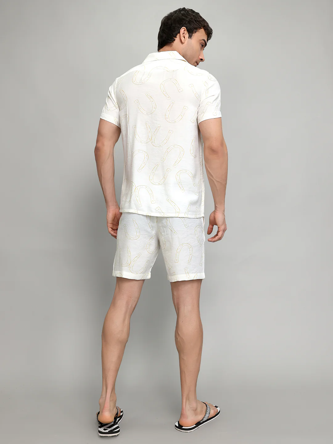 Men White Printed Revere Collar Half Sleeve Cords Set - Image 6
