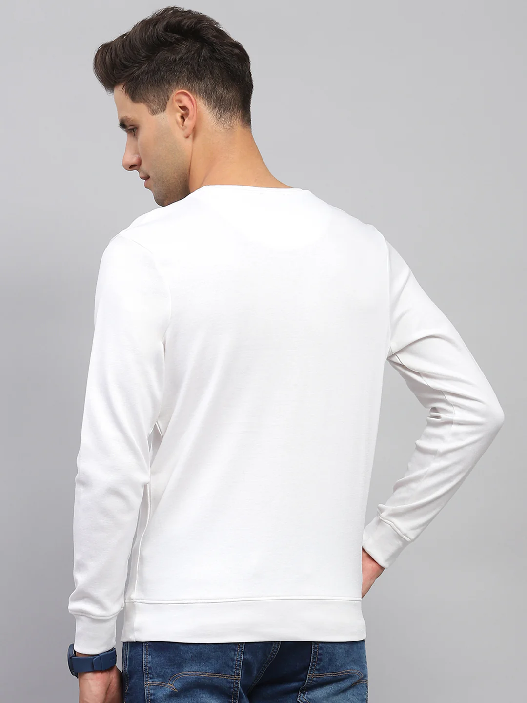 Men White Printed Round Neck Full Sleeve Sweatshirt - Image 5