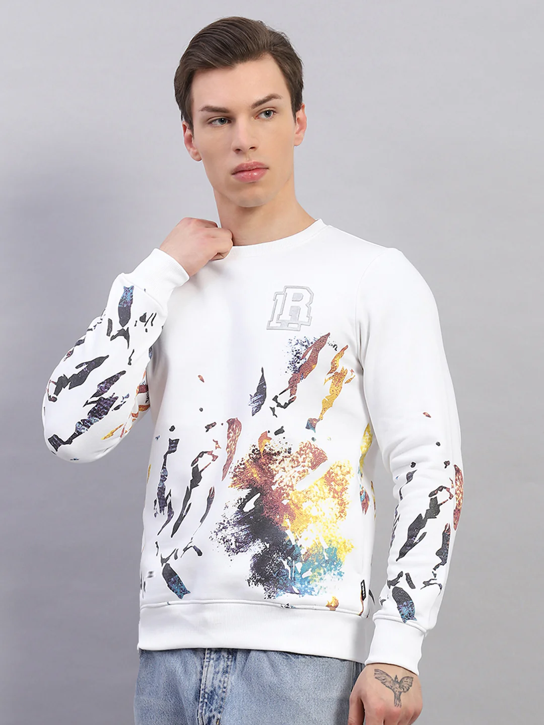 Rock.it Men White Printed Round Neck Full Sleeve Sweatshirt - Image 3