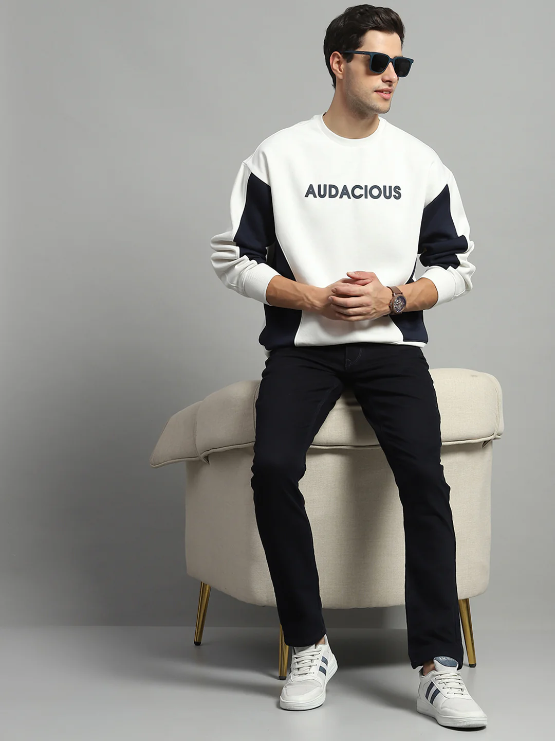 Men White Printed Round Neck Full Sleeve Sweatshirt - Image 2