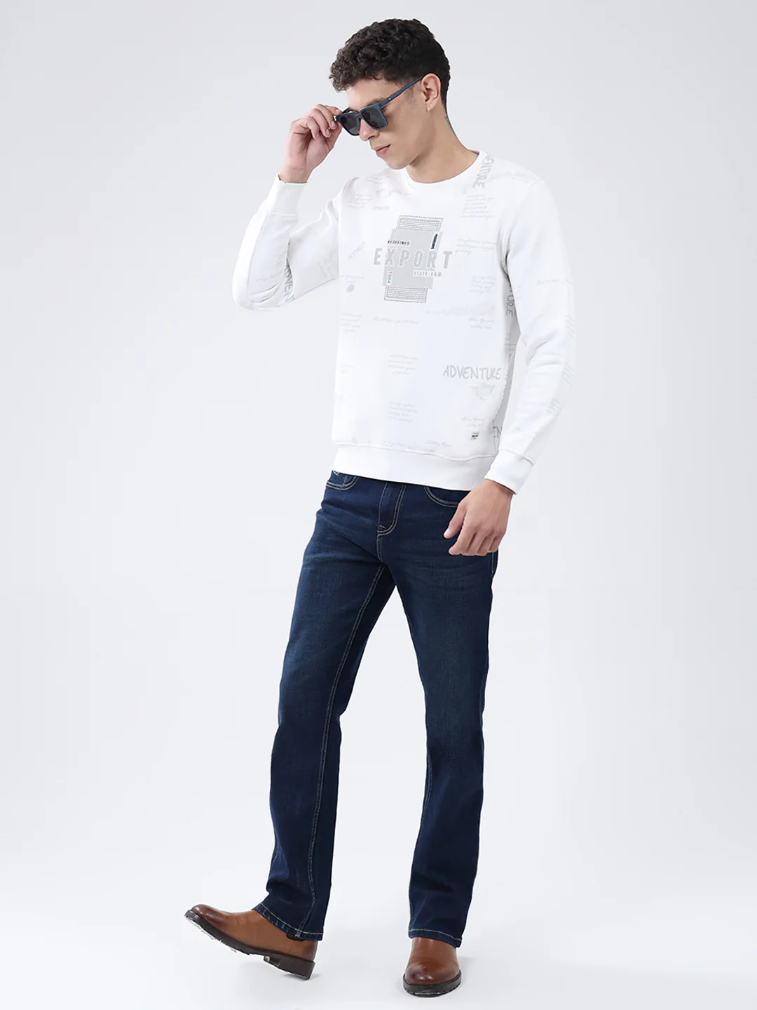 Men White Printed Round Neck Full Sleeve Sweatshirt - Image 2