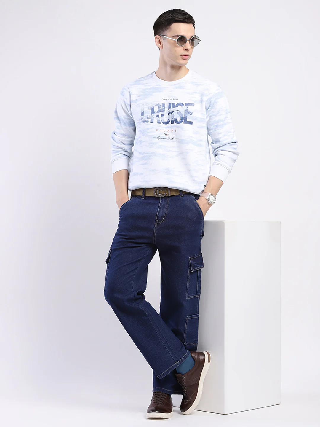 Men White Printed Round Neck Full Sleeve Sweatshirt - Image 2