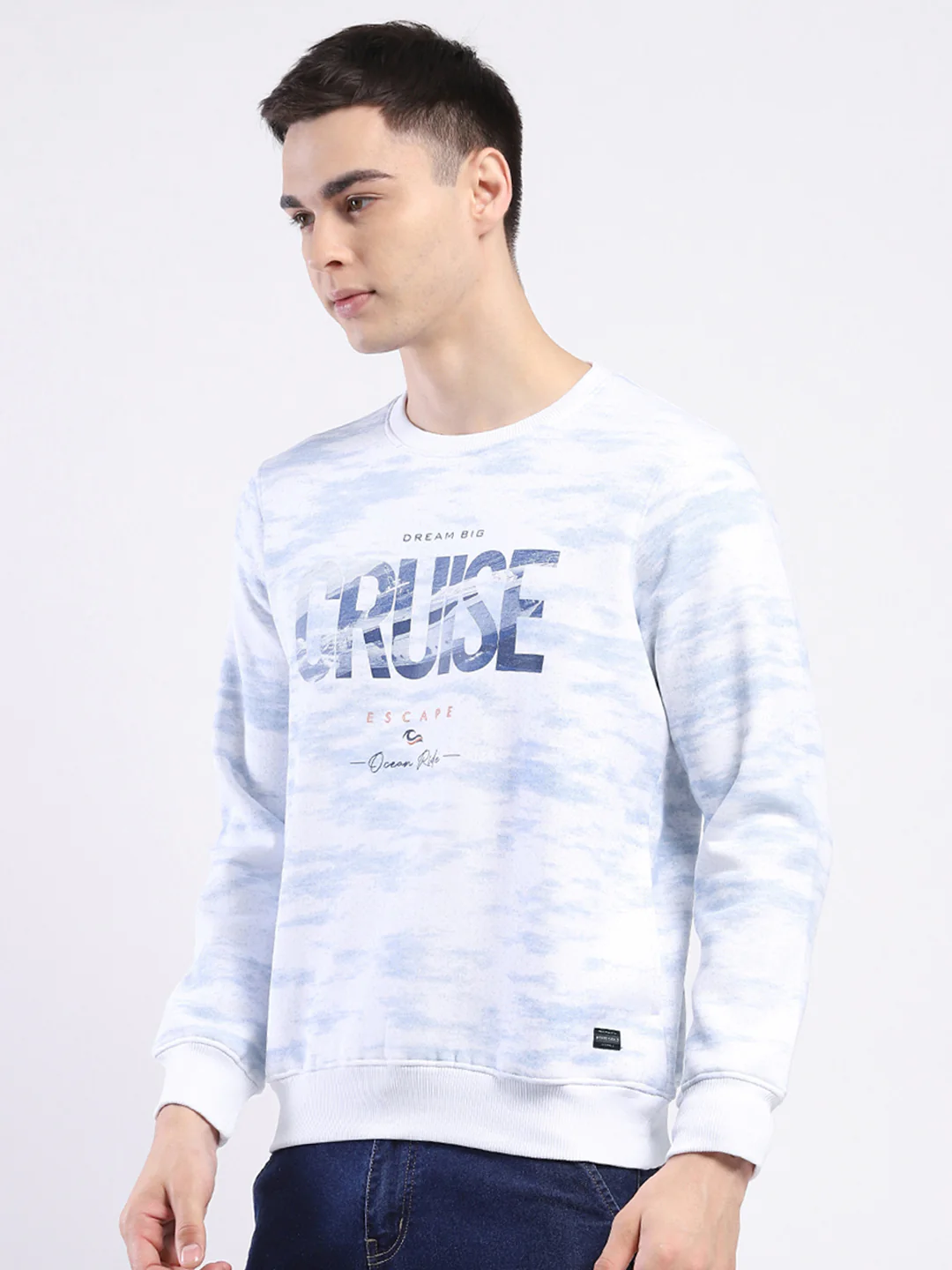 Men White Printed Round Neck Full Sleeve Sweatshirt - Image 3