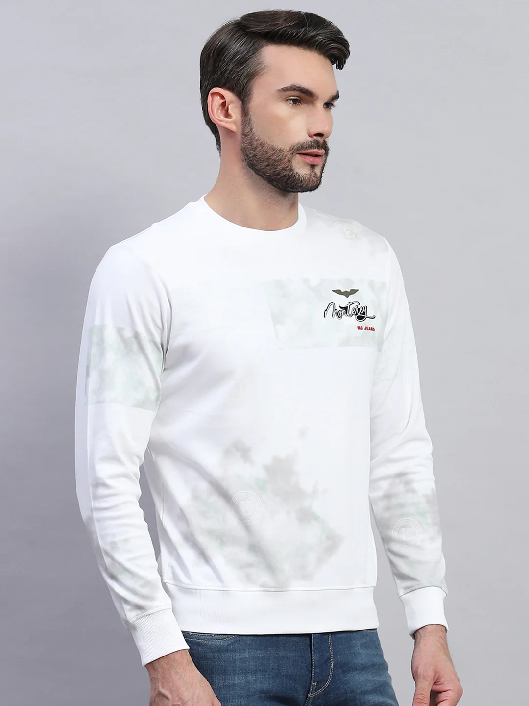 Men White Printed Round Neck Full Sleeve T-Shirt - Image 4