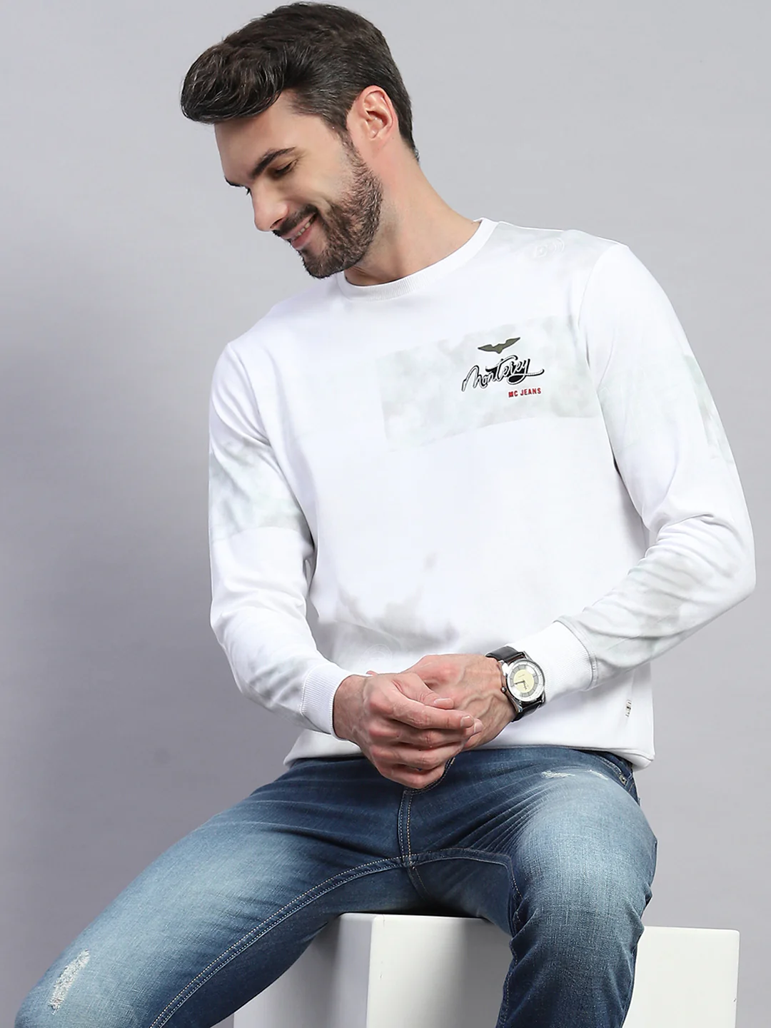 Men White Printed Round Neck Full Sleeve T-Shirt - Image 6