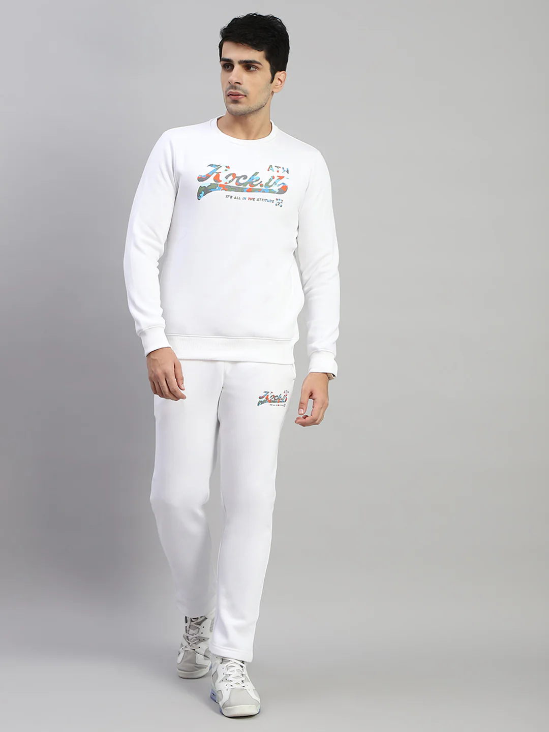 Rock.it Men White Printed Round Neck Full Sleeve Winter Tracksuit - Image 2