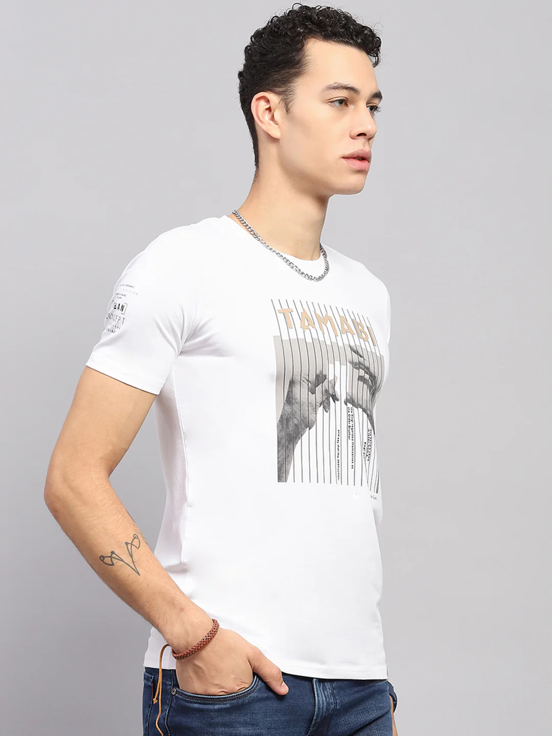 Men White Printed Round Neck Half Sleeve T-Shirt - Image 4