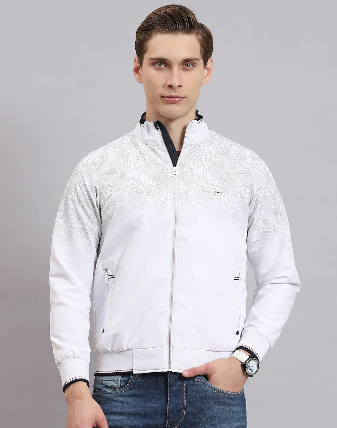 Men White Printed Stand Collar Full Sleeve Jacket - Image 3