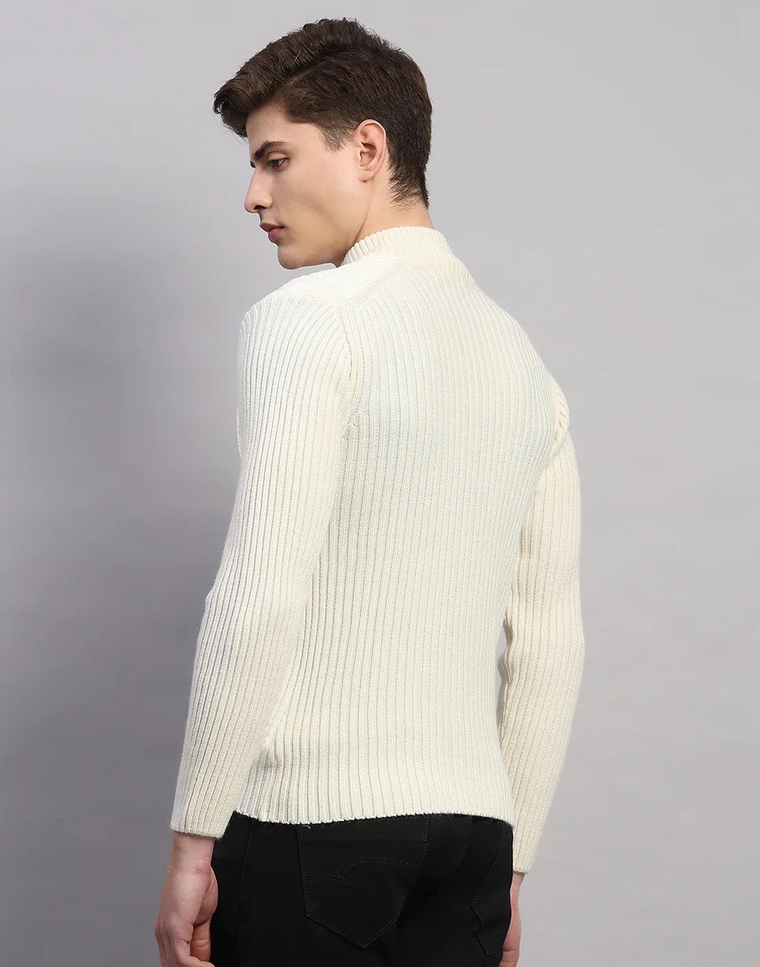 Men White Printed Turtle Neck Full Sleeve Pullover - Image 4