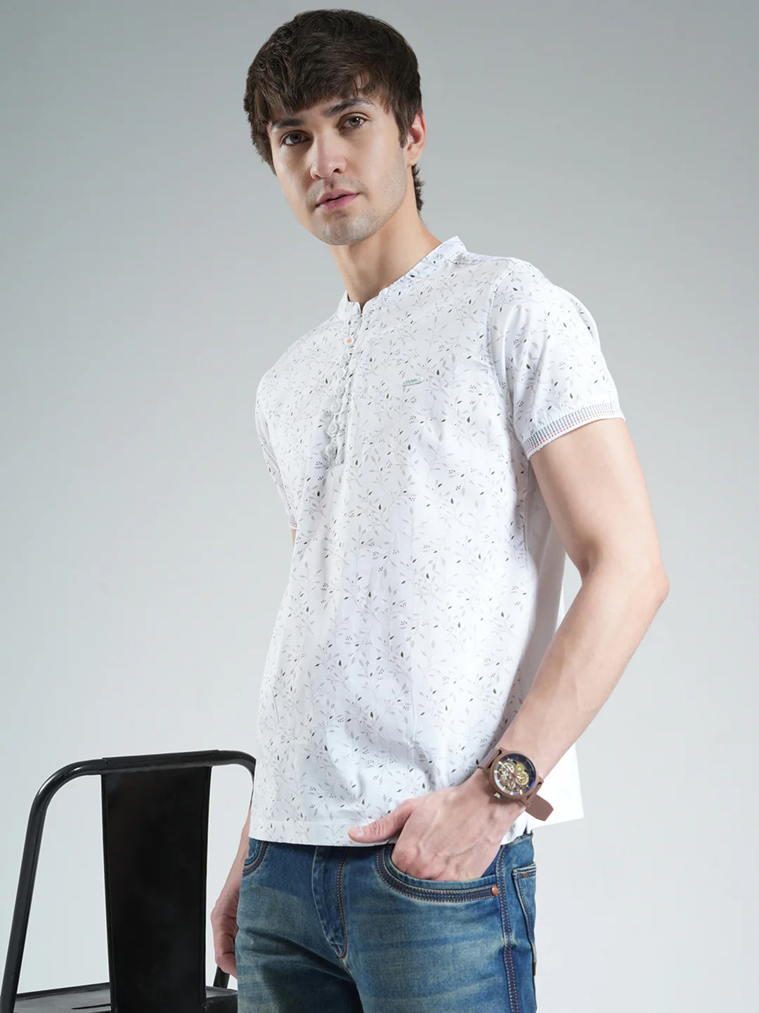 Men White Printed Round Neck Half Sleeve T-Shirt - Image 6