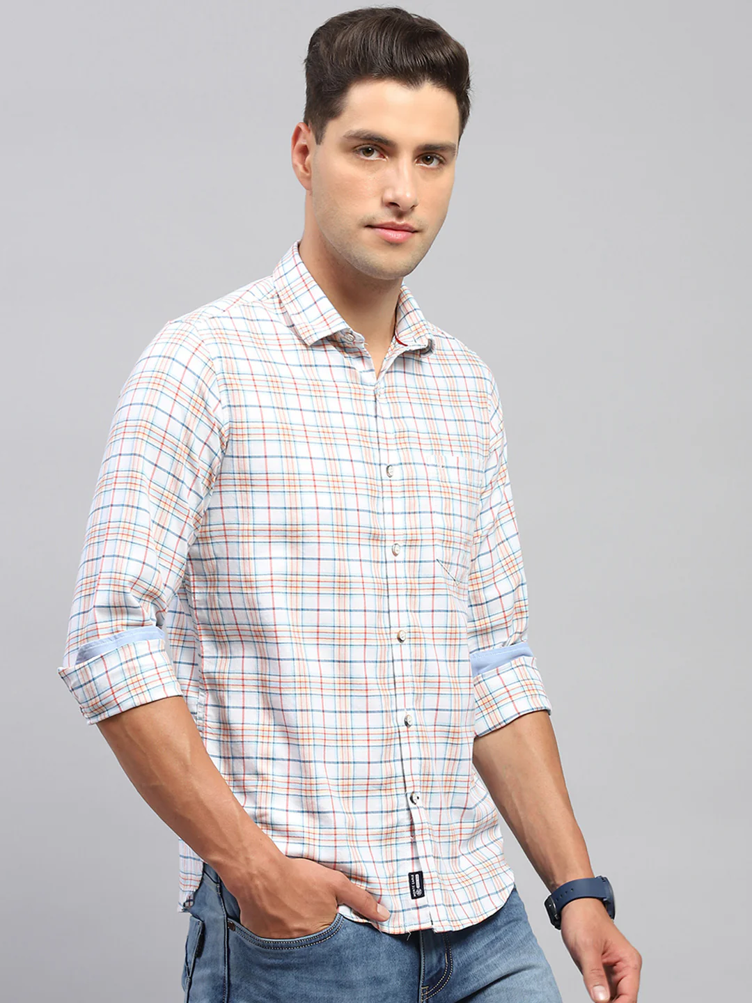 Men White & Red Check Spread Collar Full Sleeve Shirt - Image 4
