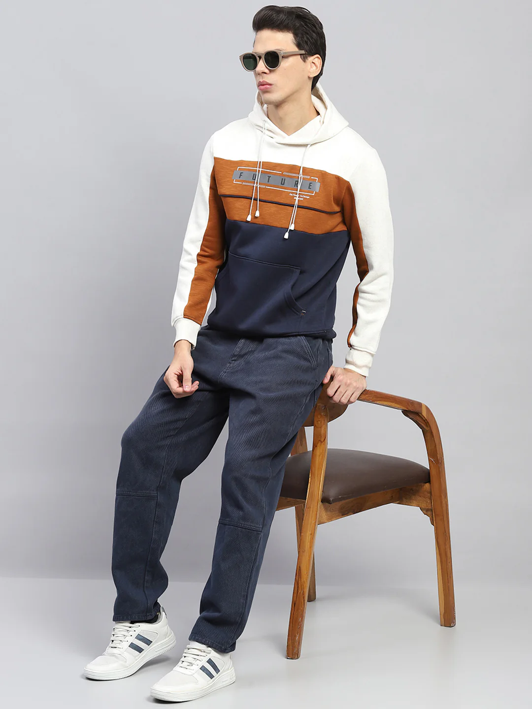 Men White & Rust Printed Hooded Full Sleeve Sweatshirt - Image 2