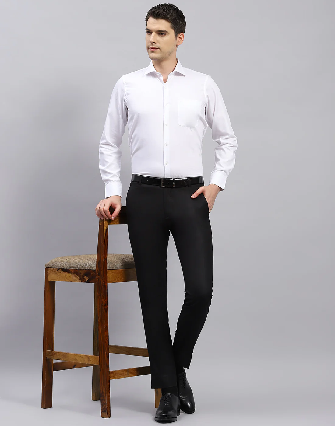 Men White Self Design Collar Full Sleeve Shirt - Image 2