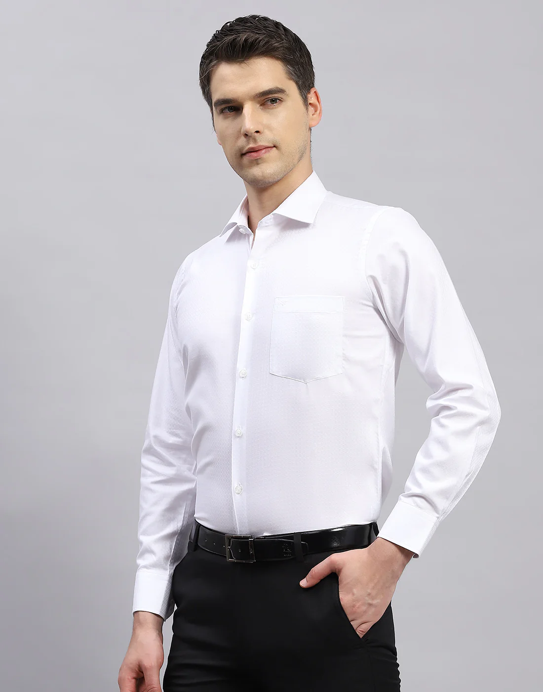 Men White Self Design Collar Full Sleeve Shirt - Image 3