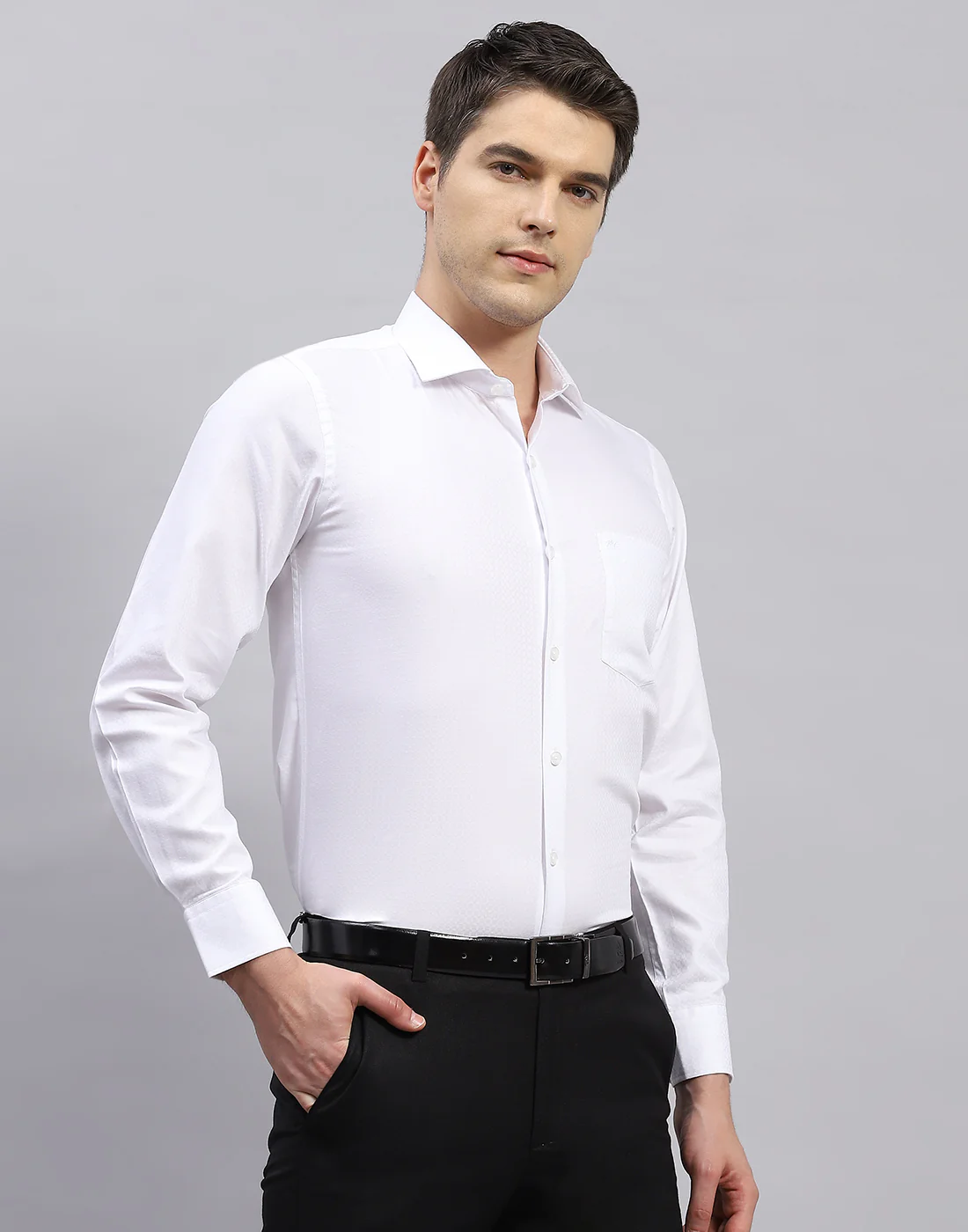 Men White Self Design Collar Full Sleeve Shirt - Image 4