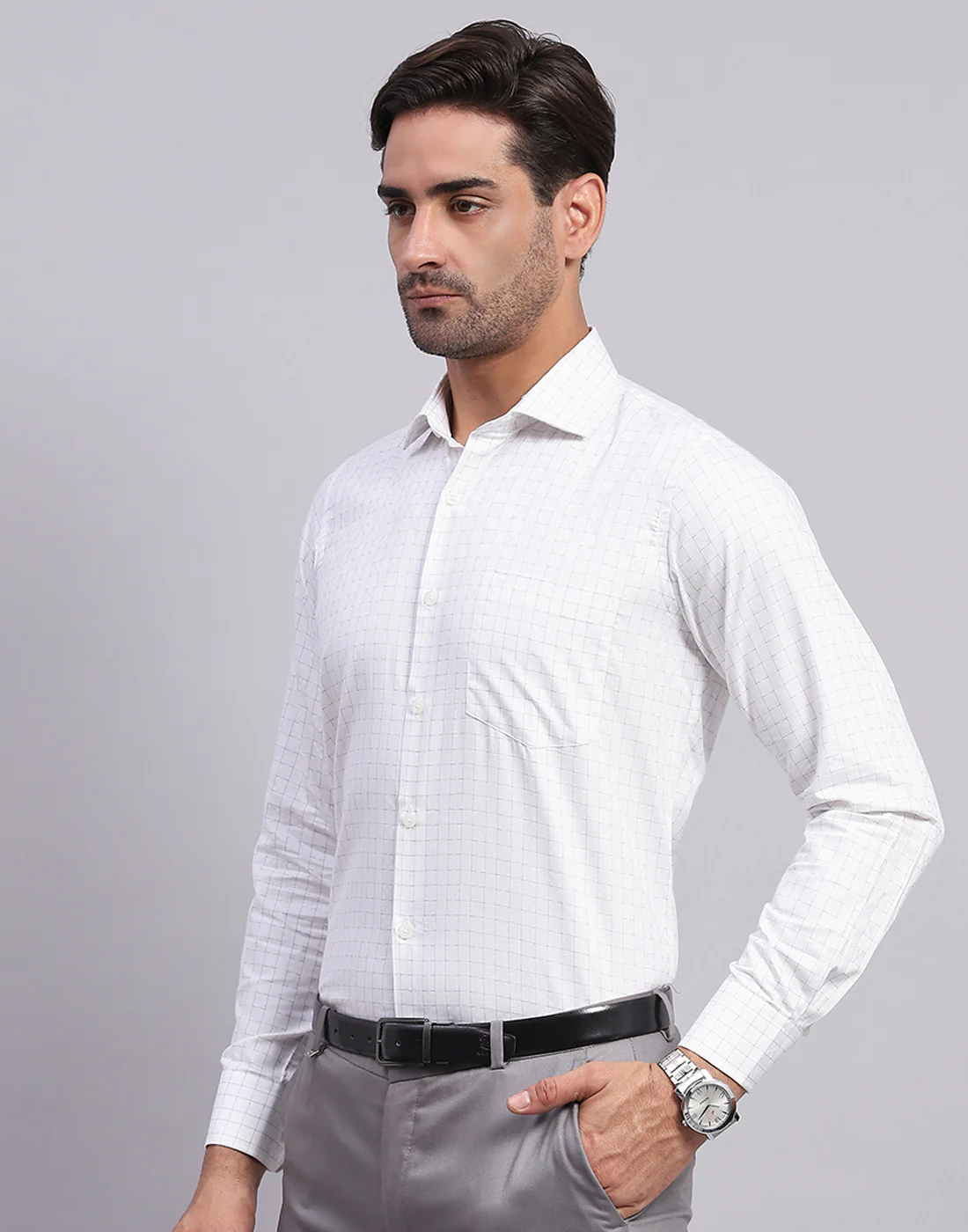 Men White Self Design Collar Full Sleeve Shirt - Image 3