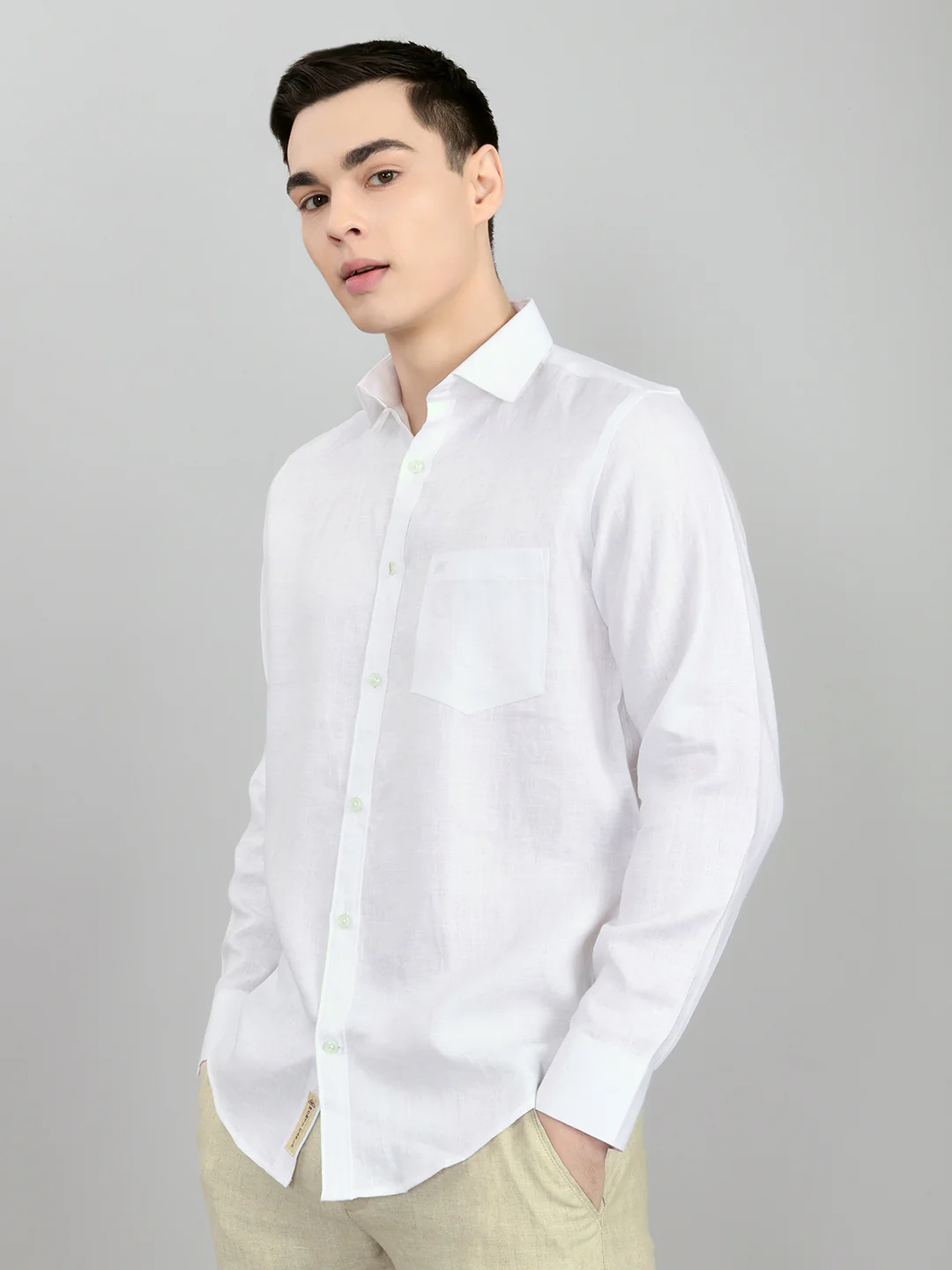 Men White Self Design Collar Full Sleeve Shirt - Image 2