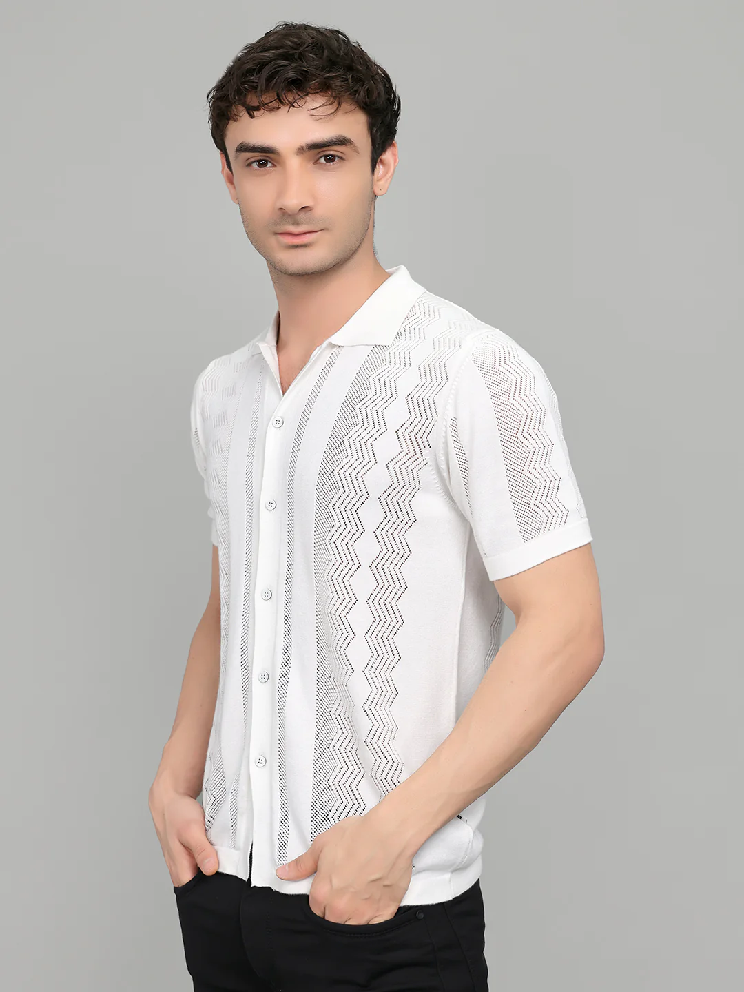 Men White Self Design Collar Half Sleeve Shirt - Image 2
