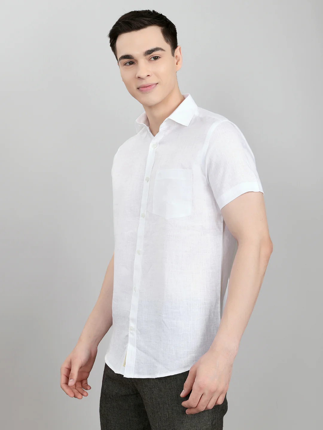 Men White Self Design Collar Half Sleeve Shirt - Image 2