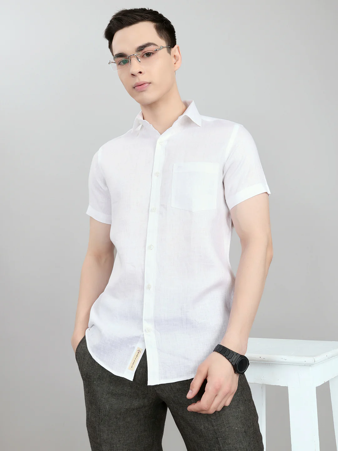 Men White Self Design Collar Half Sleeve Shirt - Image 7