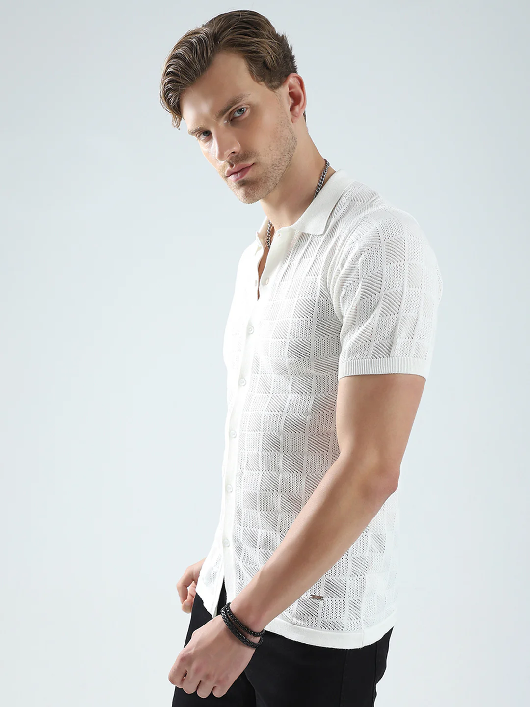 Men White Self Design Collar Half Sleeve T-Shirt - Image 3
