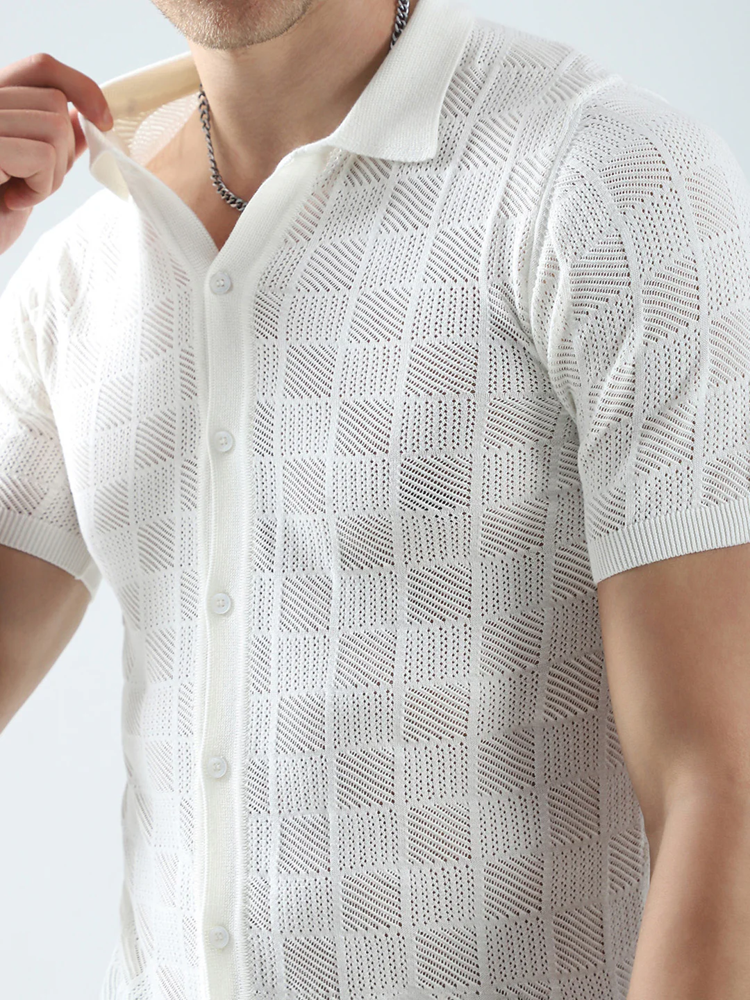Men White Self Design Collar Half Sleeve T-Shirt - Image 8
