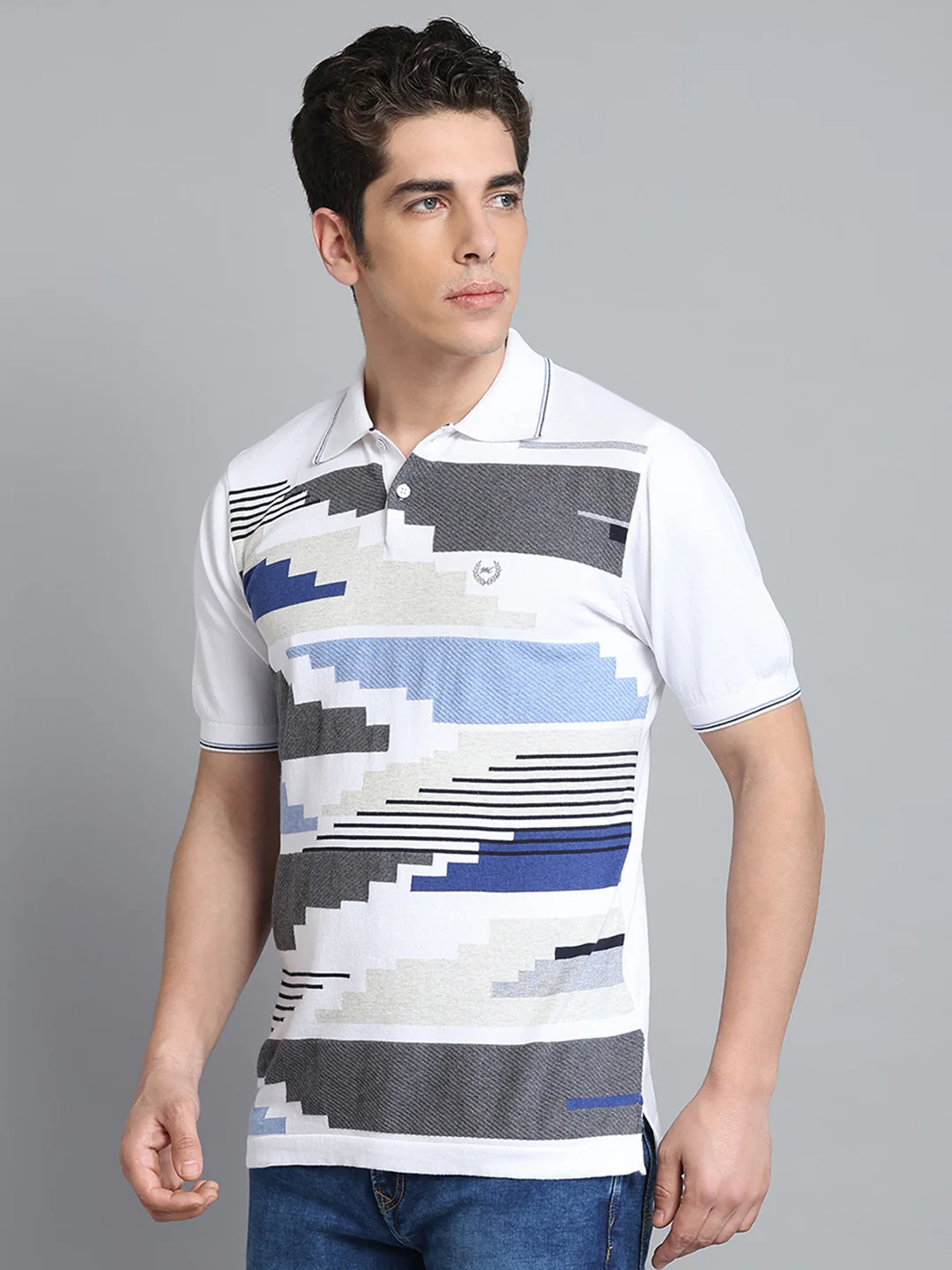 Men White Self Design Collar Half Sleeve T-Shirt - Image 3