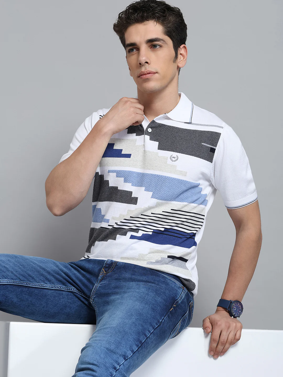Men White Self Design Collar Half Sleeve T-Shirt - Image 6