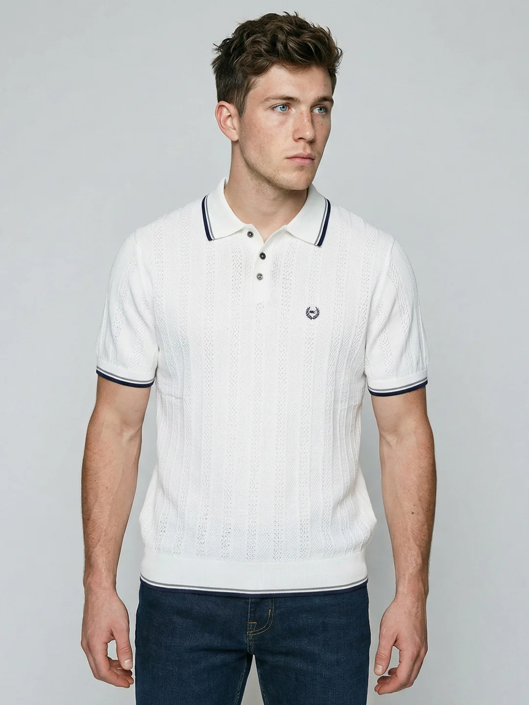 Men White Self Design Collar Half Sleeve T-Shirt - Image 2
