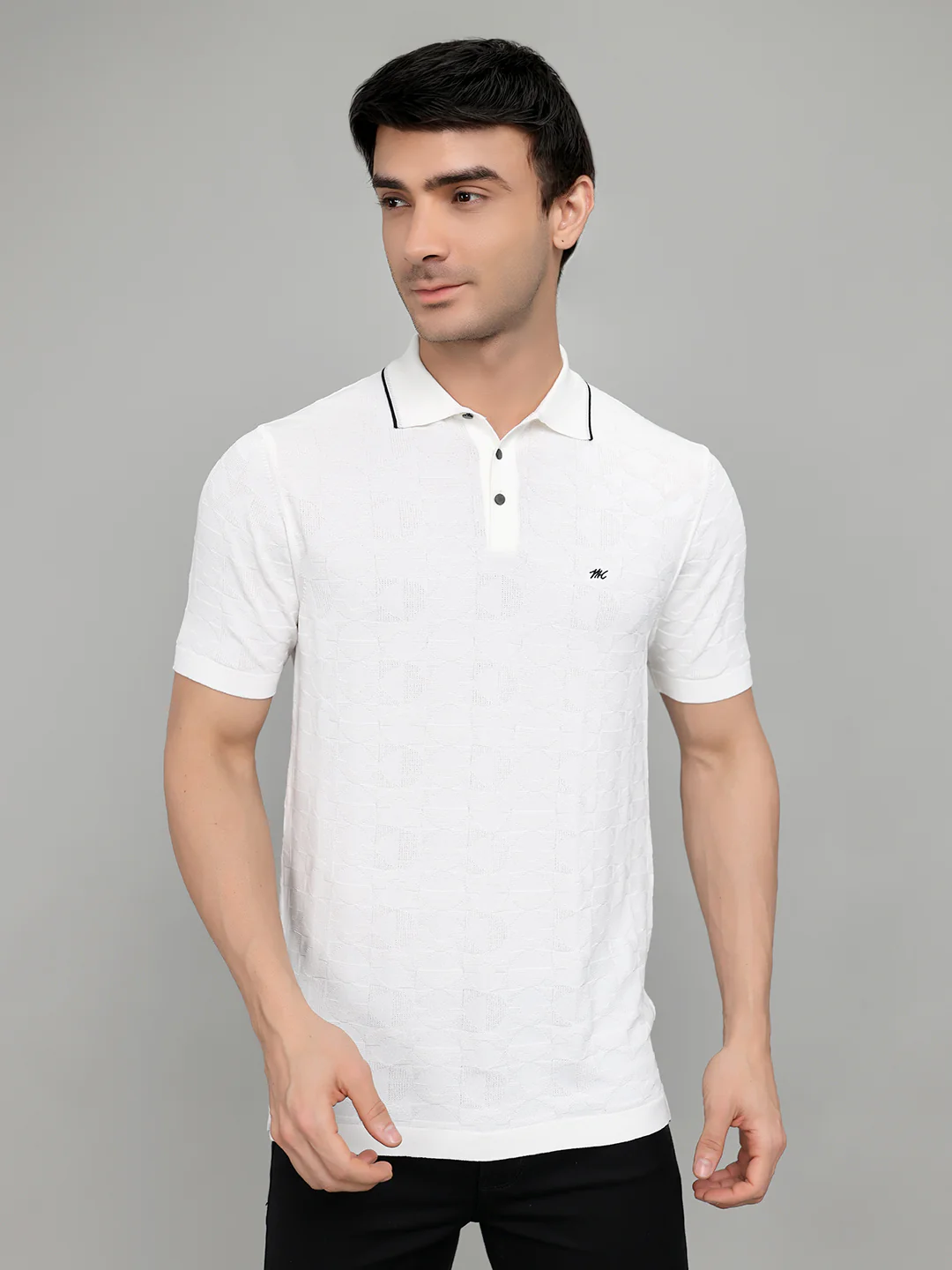 Men White Self Design Collar Half Sleeve T-Shirt