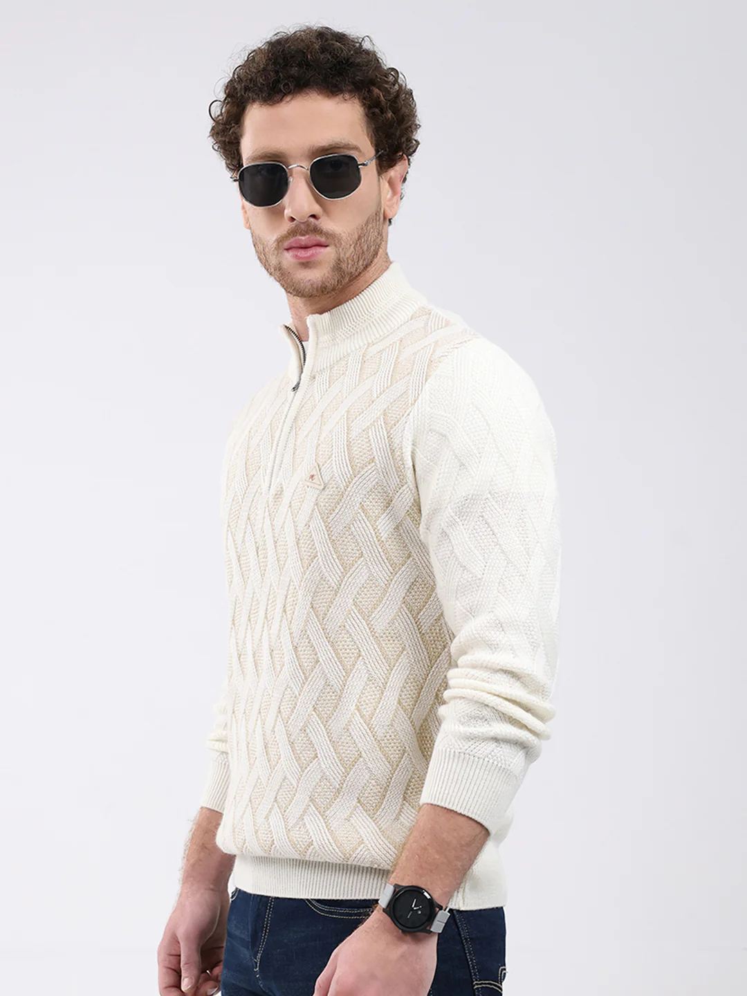 Men White Self Design Mock Neck Full Sleeve Pullover - Image 3