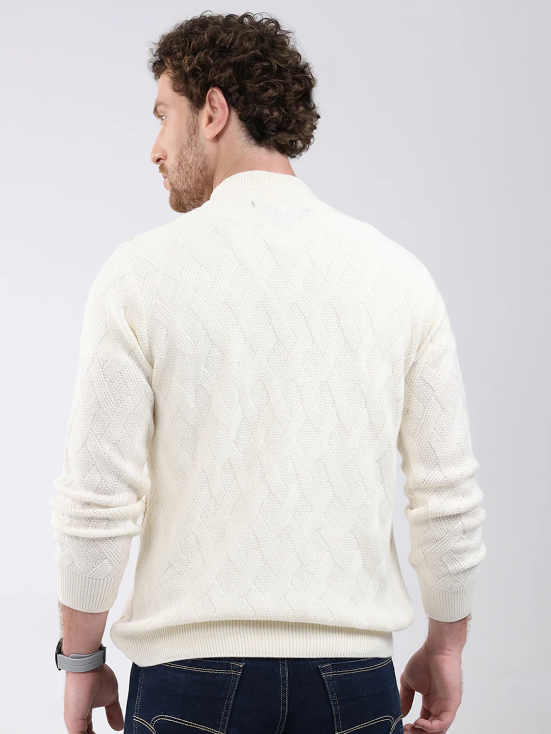 Men White Self Design Mock Neck Full Sleeve Pullover - Image 5