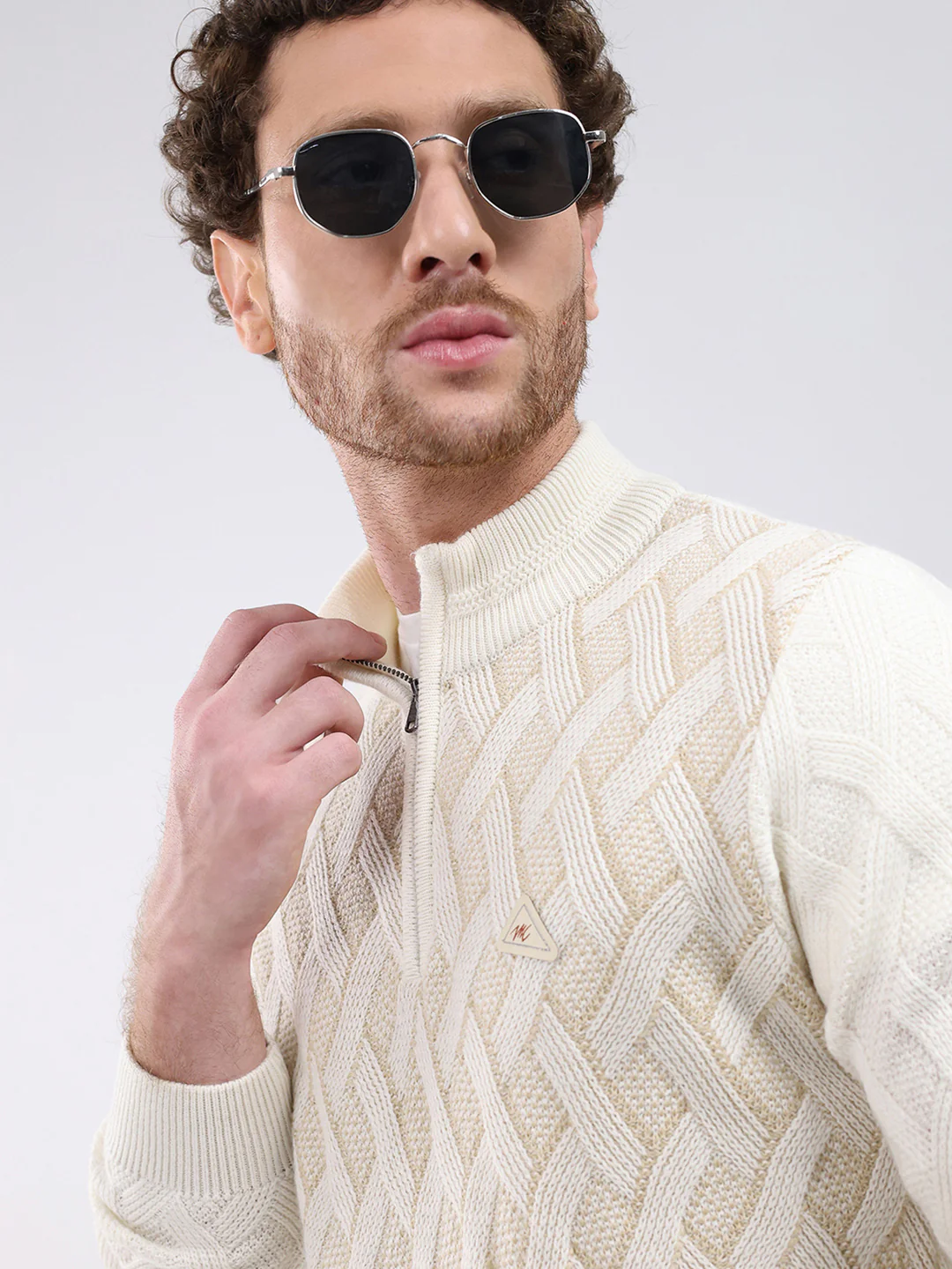 Men White Self Design Mock Neck Full Sleeve Pullover - Image 7