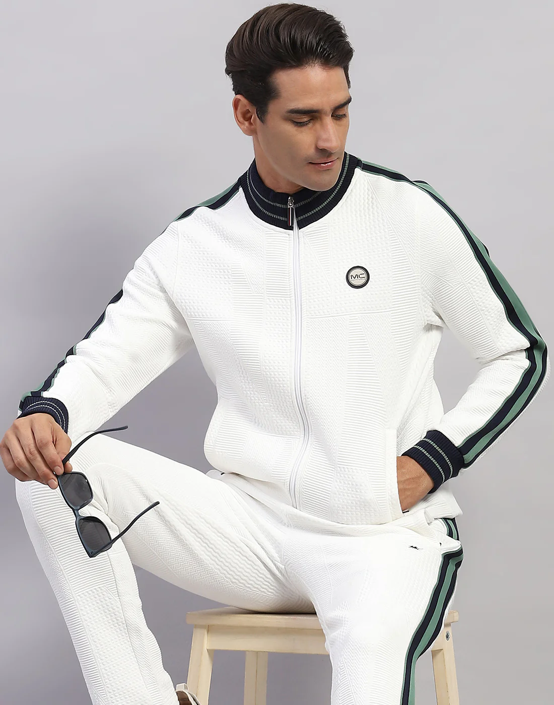 Men White Self Design Mock Neck Full Sleeve Winter Tracksuit - Image 7