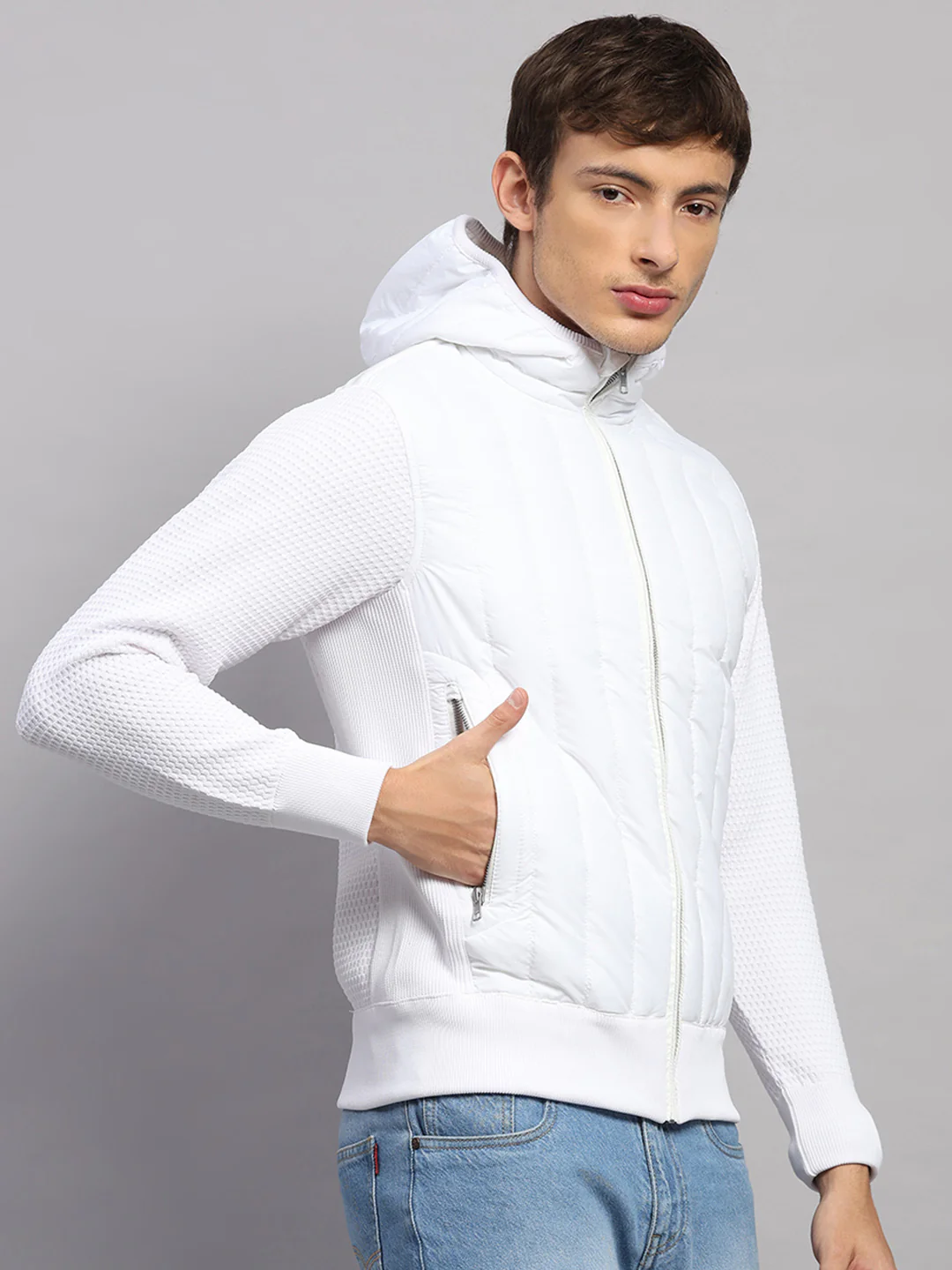 Men White Self Design Round Neck Full Sleeve Pullover - Image 4