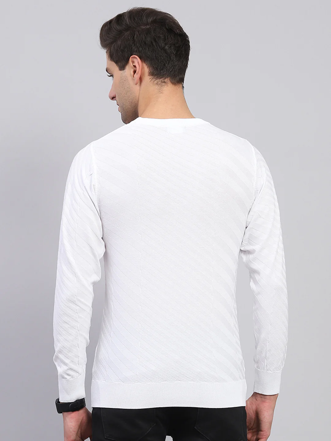 Rock.it Men White Self Design Round Neck Full Sleeve Pullover - Image 5
