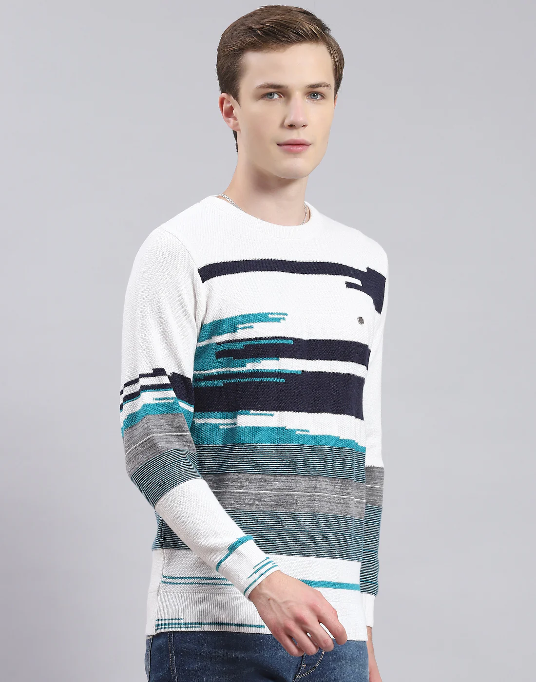 Men White Self Design Round Neck Full Sleeve Sweater - Image 4