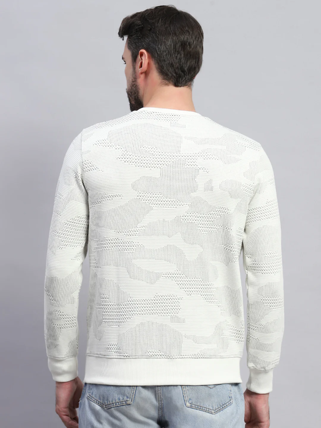 Men White Self Design Round Neck Full Sleeve T-Shirt - Image 5