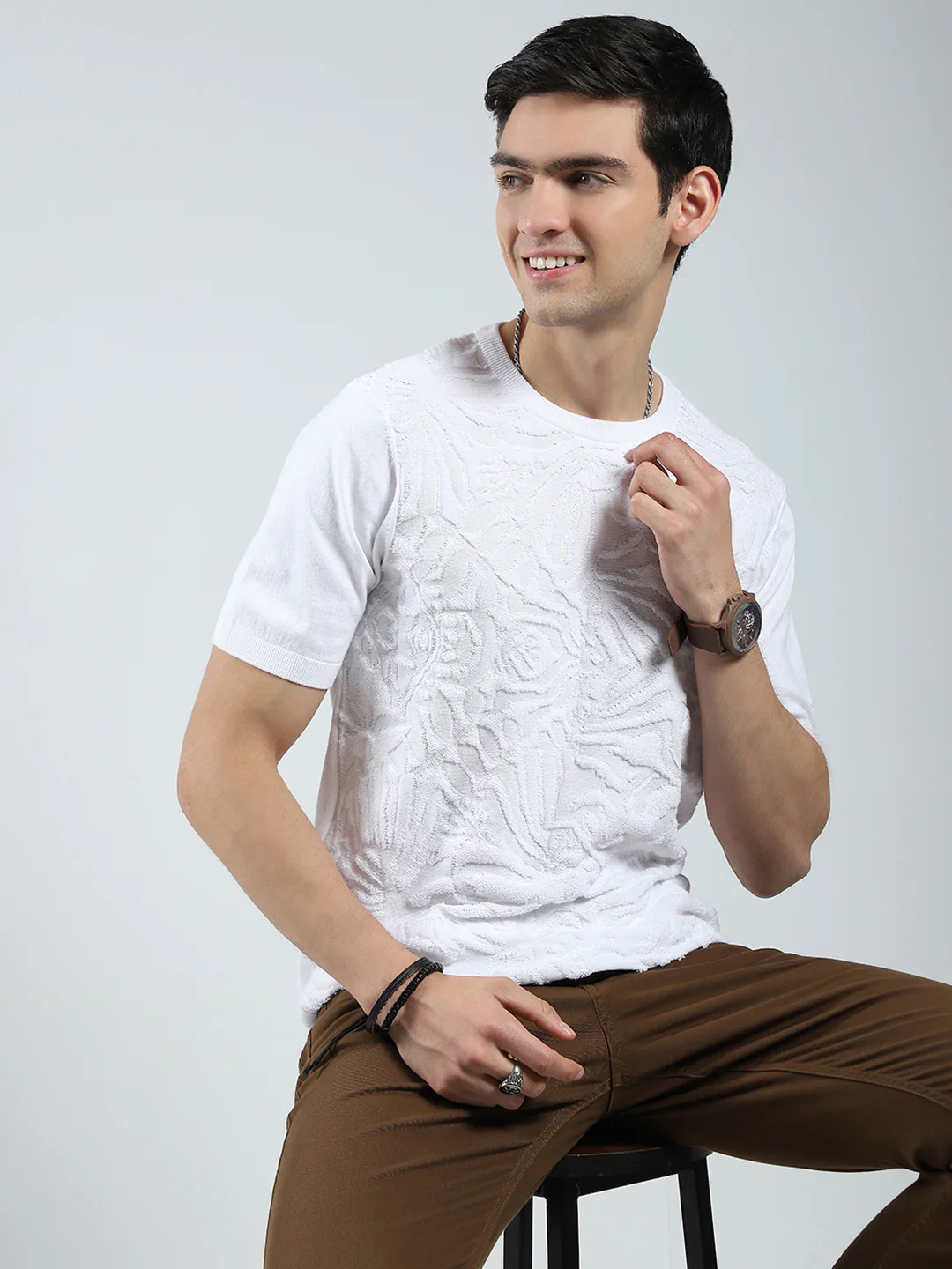 Men White Self Design Round Neck Half Sleeve T-Shirt - Image 6