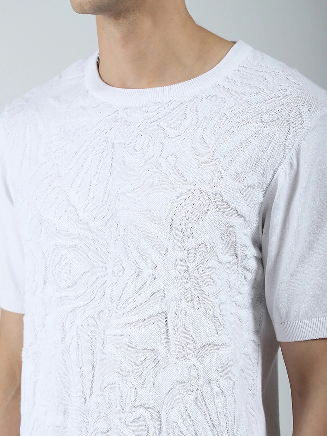 Men White Self Design Round Neck Half Sleeve T-Shirt - Image 7