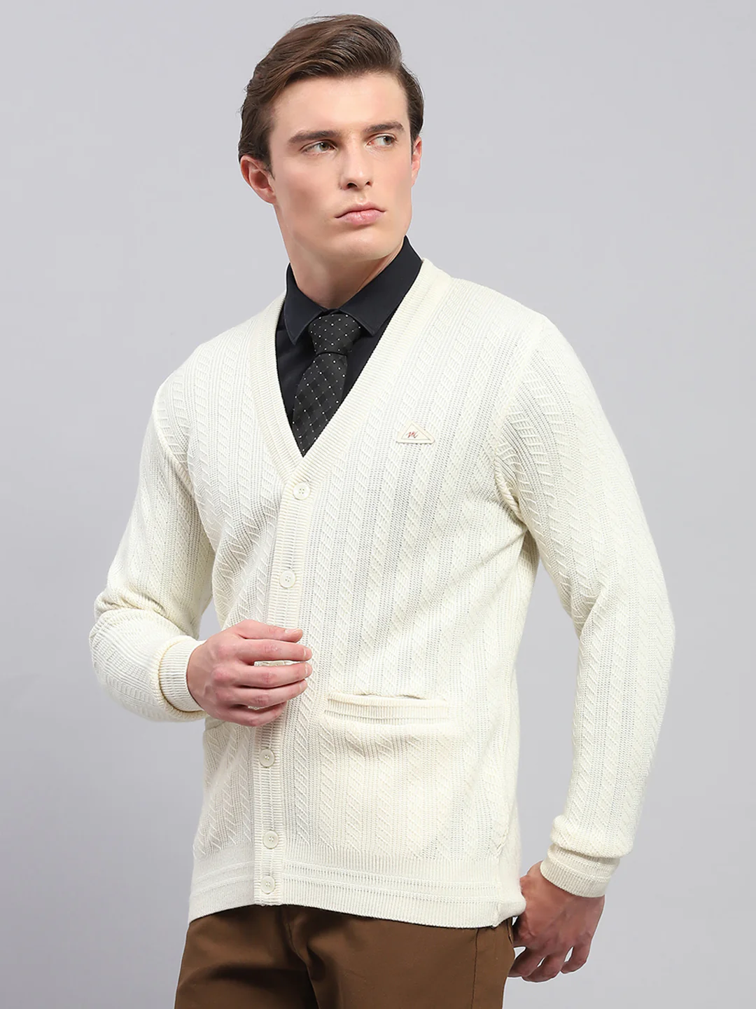 Men White Self Design V Neck Full Sleeve Cardigan - Image 3