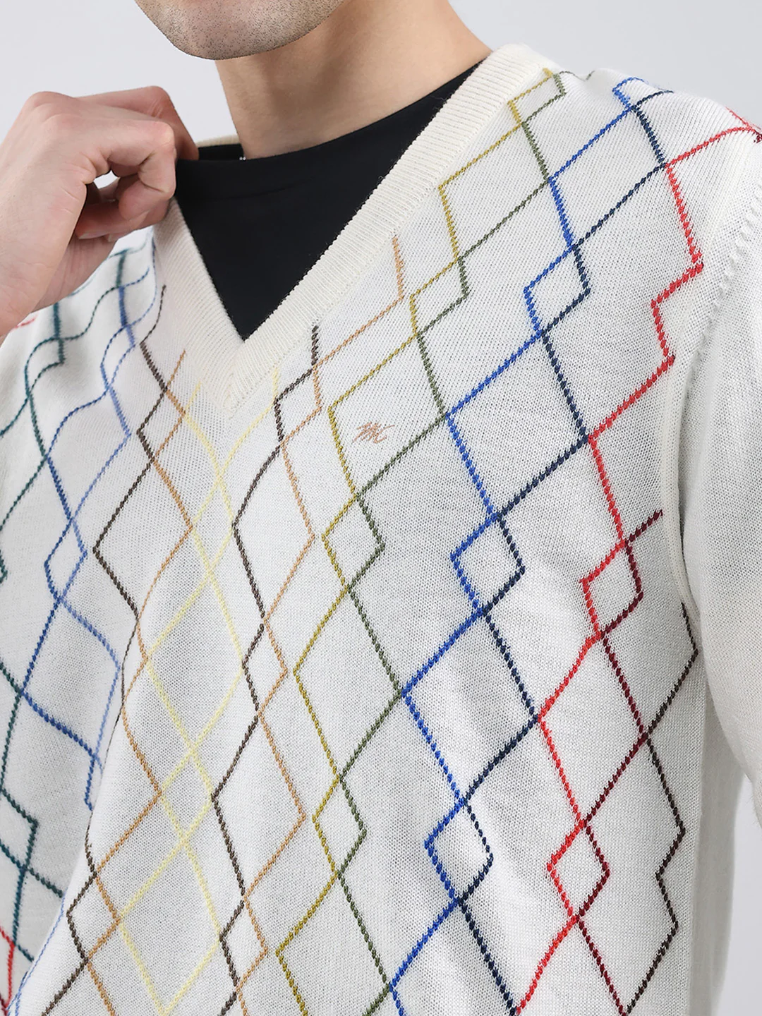 Men White Self Design V Neck Full Sleeve Pullover - Image 6