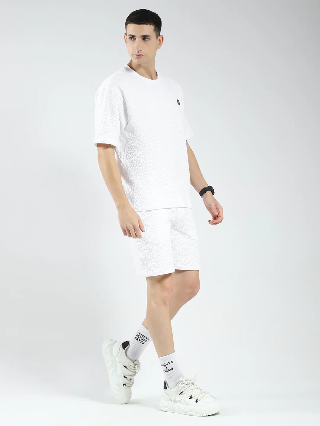 Rock.it Men White Self Design Round Neck Half Sleeve Shorts Set - Image 4